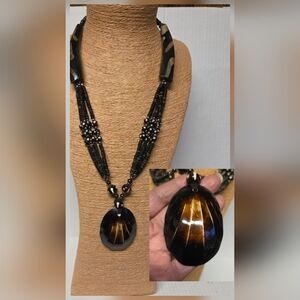 Beaded Wood and Molded Resin Pendant  Necklace